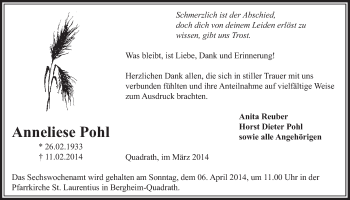 Anzeige von Anneliese Pohl von  Sonntags-Post 