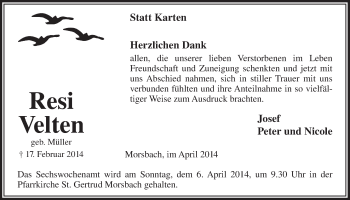 Anzeige von Resi Velten von  Lokalanzeiger 