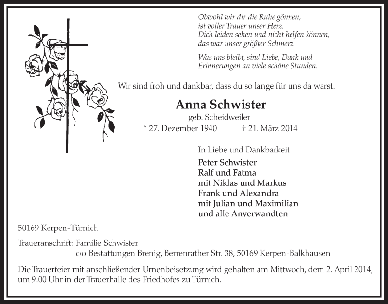  Traueranzeige für Anna Schwister vom 29.03.2014 aus  Sonntags-Post 