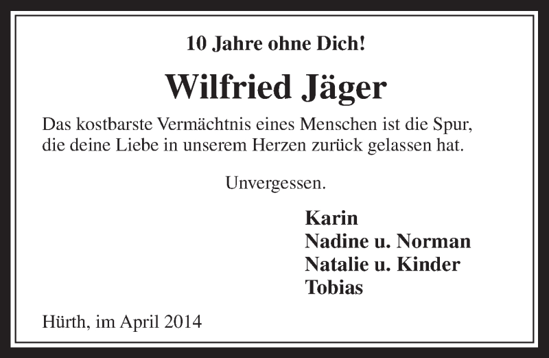 Traueranzeige für Wilfried Jäger vom 02.04.2014 aus  Wochenende 