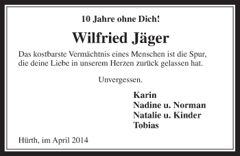 Anzeige von Wilfried Jäger von  Wochenende 