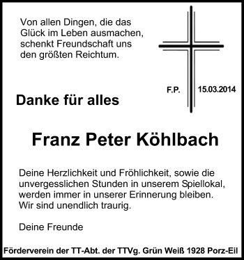 Anzeige von Franz Peter Köhlbach von  Kölner Wochenspiegel 