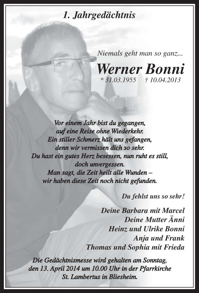  Traueranzeige für Werner Bonni vom 09.04.2014 aus  Werbepost 