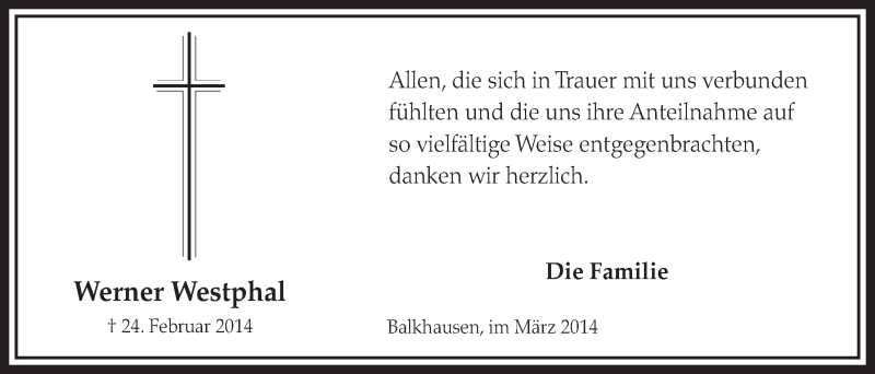  Traueranzeige für Werner Westphal vom 29.03.2014 aus  Sonntags-Post 
