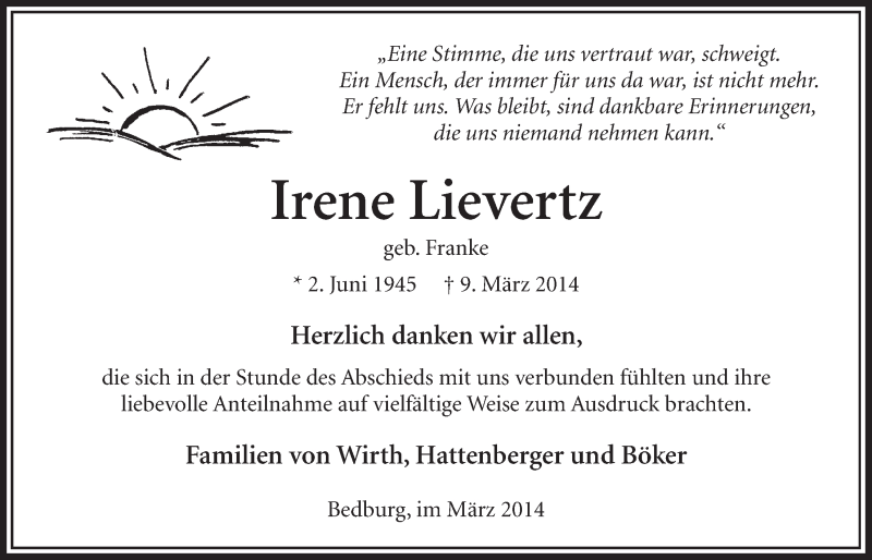  Traueranzeige für Irene Lievertz vom 29.03.2014 aus  Sonntags-Post 