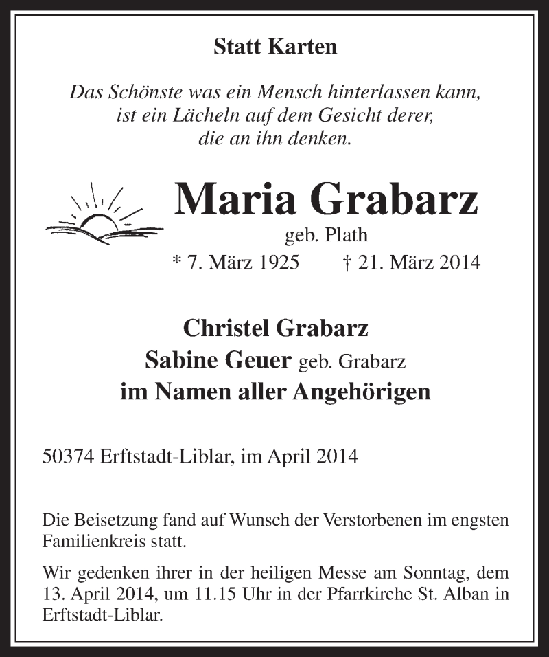  Traueranzeige für Maria Grabarz vom 02.04.2014 aus  Werbepost 