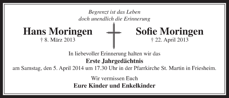  Traueranzeige für Hans  Moringen vom 02.04.2014 aus  Werbepost 