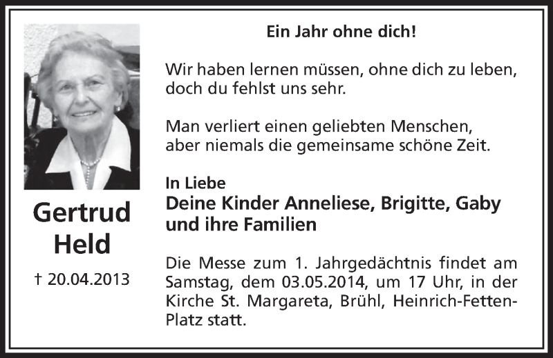  Traueranzeige für Gertrud Held vom 30.04.2014 aus  Schlossbote/Werbekurier 