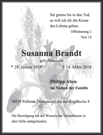 Anzeige von Susanna Brandt von  Sonntags-Post 