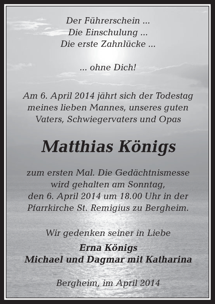  Traueranzeige für Matthias Königs vom 02.04.2014 aus  Werbepost 