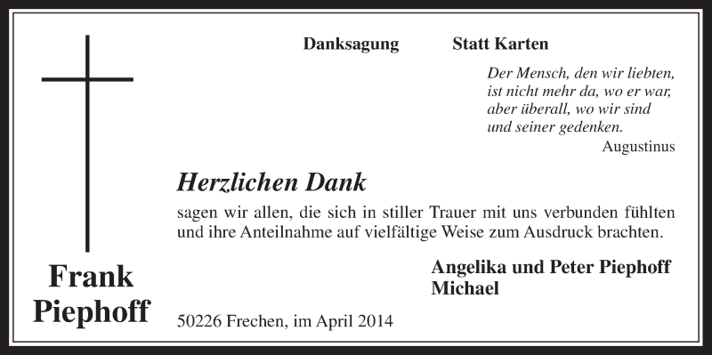  Traueranzeige für Frank Piephoff vom 02.04.2014 aus  Wochenende 
