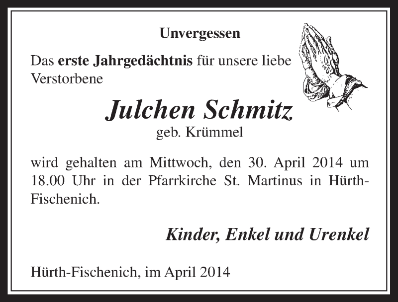  Traueranzeige für Julchen Schmitz vom 23.04.2014 aus  Wochenende 