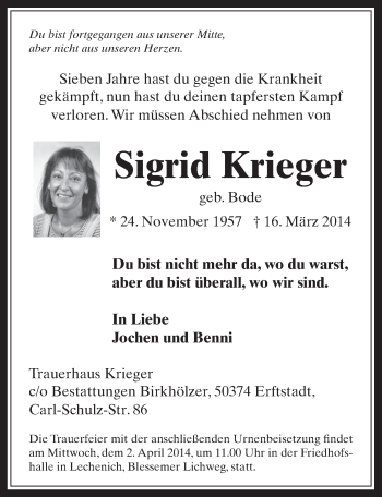 Anzeige von Sigrid Krieger von  Sonntags-Post 