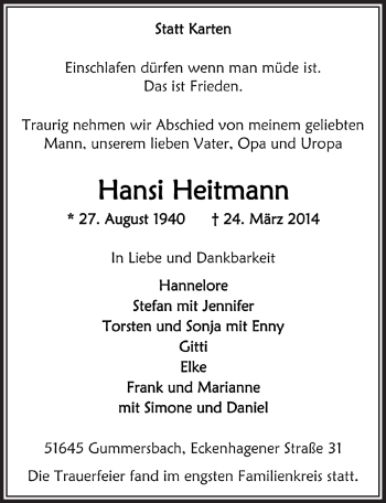 Anzeige von Hansi Heitmann von  Anzeigen Echo 