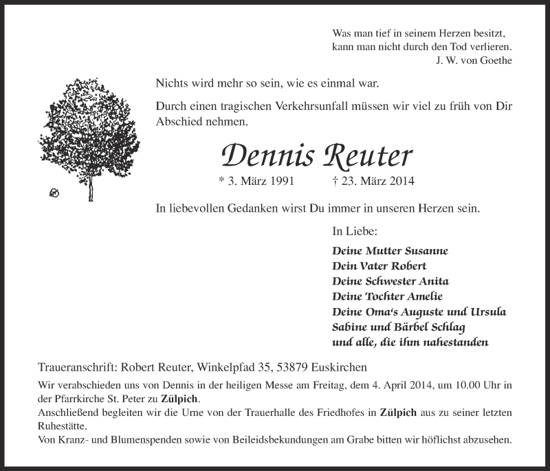  Traueranzeige für Dennis Reuter vom 30.03.2014 aus  Blickpunkt Euskirchen 