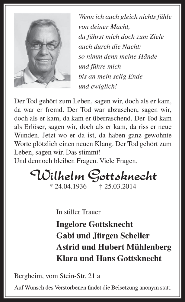  Traueranzeige für Wilhelm Gottsknecht vom 02.04.2014 aus  Werbepost 