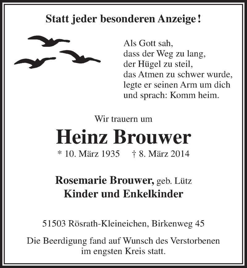  Traueranzeige für Heinz Brouwer vom 02.04.2014 aus  Bergisches Handelsblatt 