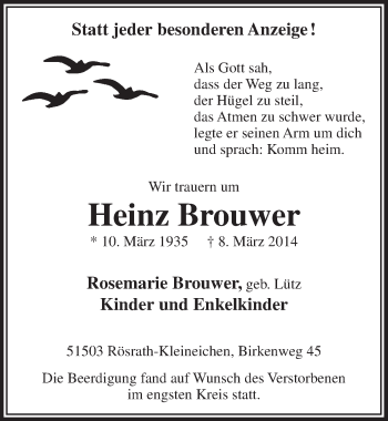 Anzeige von Heinz Brouwer von  Bergisches Handelsblatt 