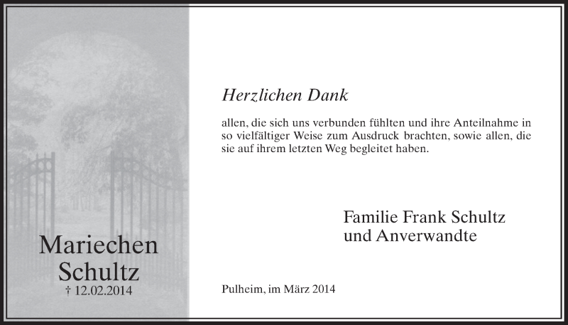  Traueranzeige für Mariechen Schultz vom 29.03.2014 aus  Sonntags-Post 
