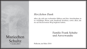 Anzeige von Mariechen Schultz von  Sonntags-Post 