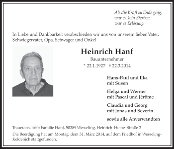 Anzeige von Heinrich Hanf von  Schlossbote/Werbekurier 