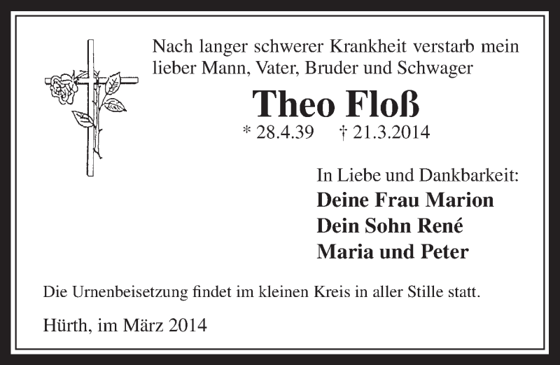  Traueranzeige für Theo Floß vom 02.04.2014 aus  Wochenende 