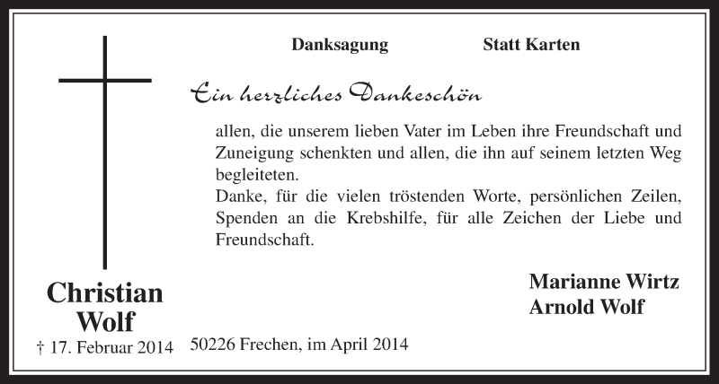  Traueranzeige für Christian Wolf vom 02.04.2014 aus  Wochenende 