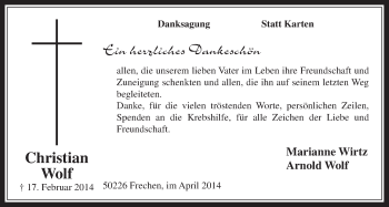 Anzeige von Christian Wolf von  Wochenende 