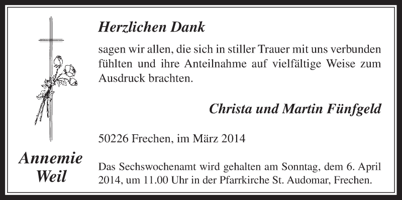  Traueranzeige für Annemie Weil vom 02.04.2014 aus  Wochenende 