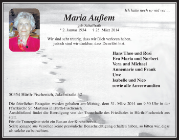 Anzeige von Maria Außem von  Sonntags-Post 