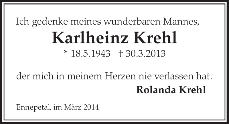  Traueranzeige für Karlheinz Krehl vom 29.03.2014 aus  Sonntags-Post 