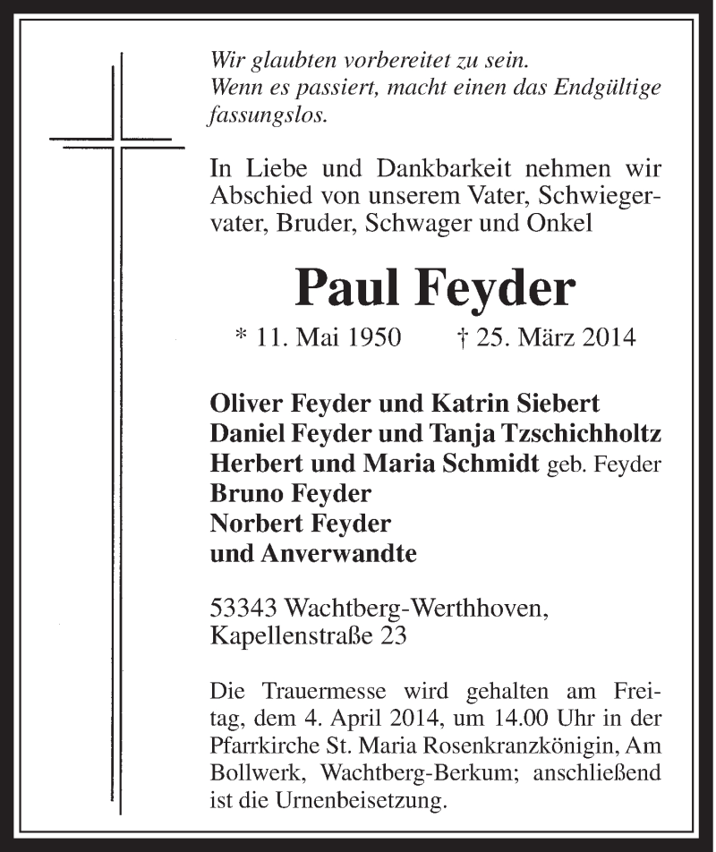  Traueranzeige für Paul Feyder vom 02.04.2014 aus  Schaufenster/Blickpunkt 