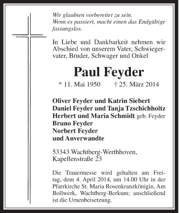 Anzeige von Paul Feyder von  Schaufenster/Blickpunkt 