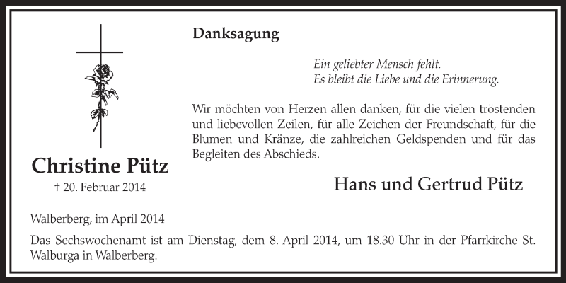  Traueranzeige für Christine Pütz vom 02.04.2014 aus  Schlossbote/Werbekurier 