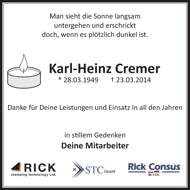  Traueranzeige für Karl-Heinz Cremer vom 02.04.2014 aus  Werbepost 