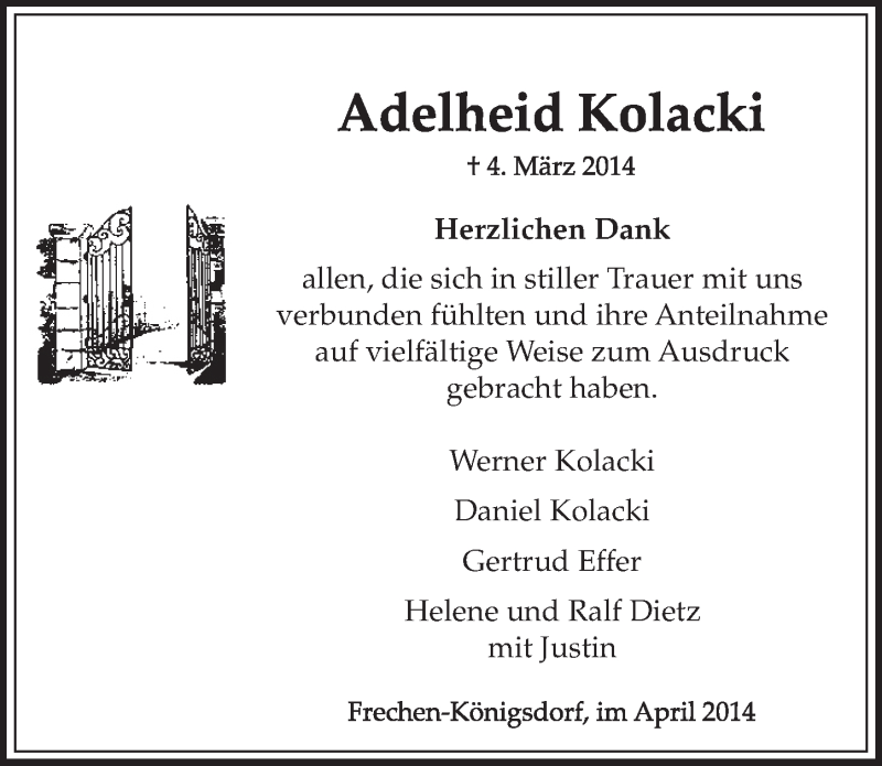  Traueranzeige für Adelheid Kolacki vom 05.04.2014 aus  Sonntags-Post 