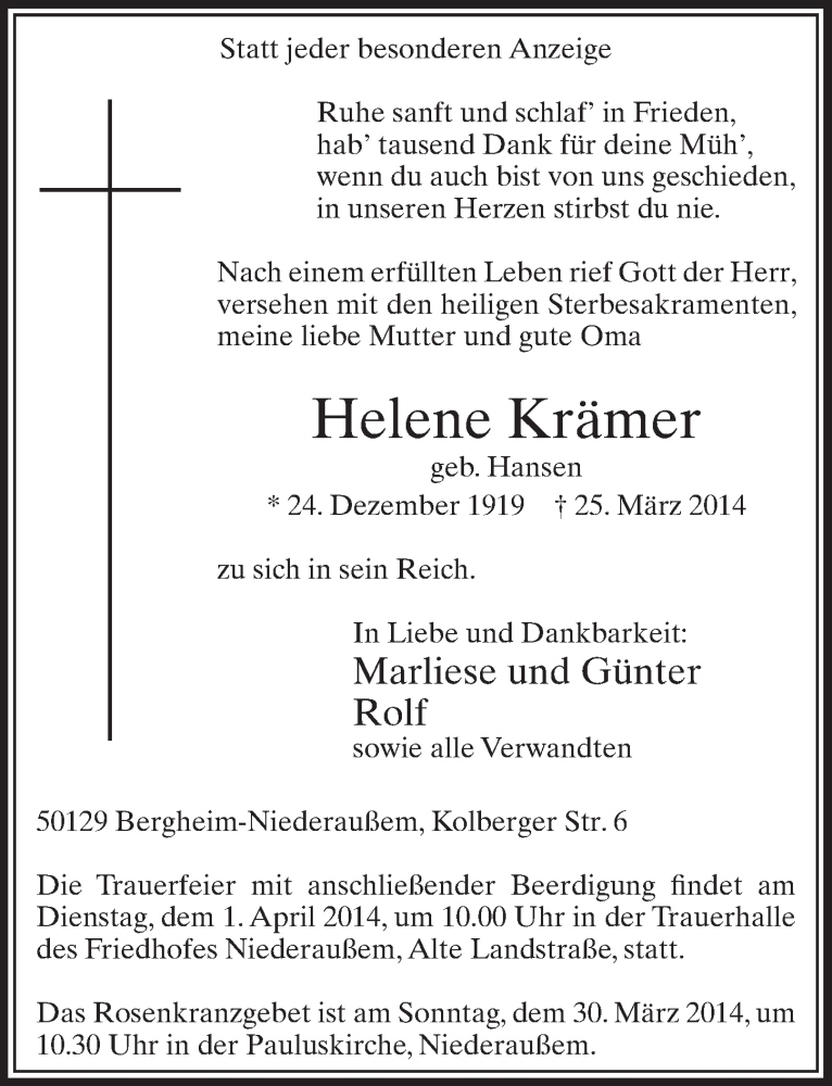  Traueranzeige für Helene Krämer vom 29.03.2014 aus  Sonntags-Post 