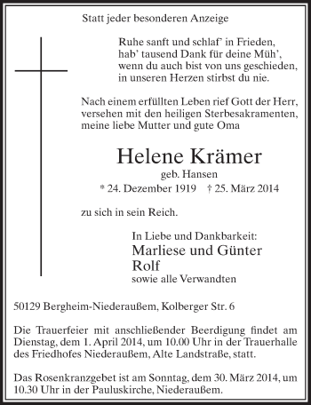 Anzeige von Helene Krämer von  Sonntags-Post 