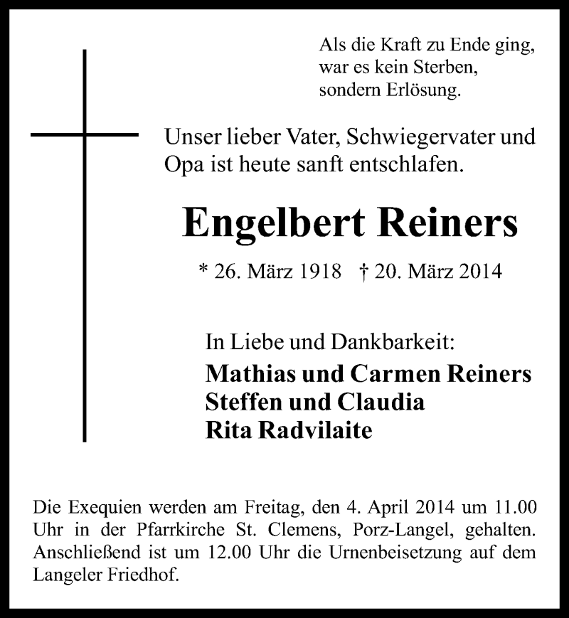  Traueranzeige für Engelbert Reiners vom 02.04.2014 aus  Kölner Wochenspiegel 