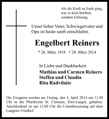 Anzeige von Engelbert Reiners von  Kölner Wochenspiegel 