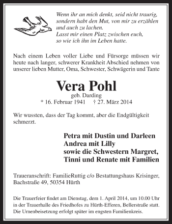 Anzeige von Vera Pohl von  Sonntags-Post 