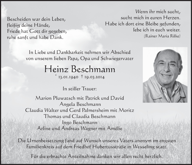  Traueranzeige für Heinz Beschmann vom 02.04.2014 aus  Schlossbote/Werbekurier 