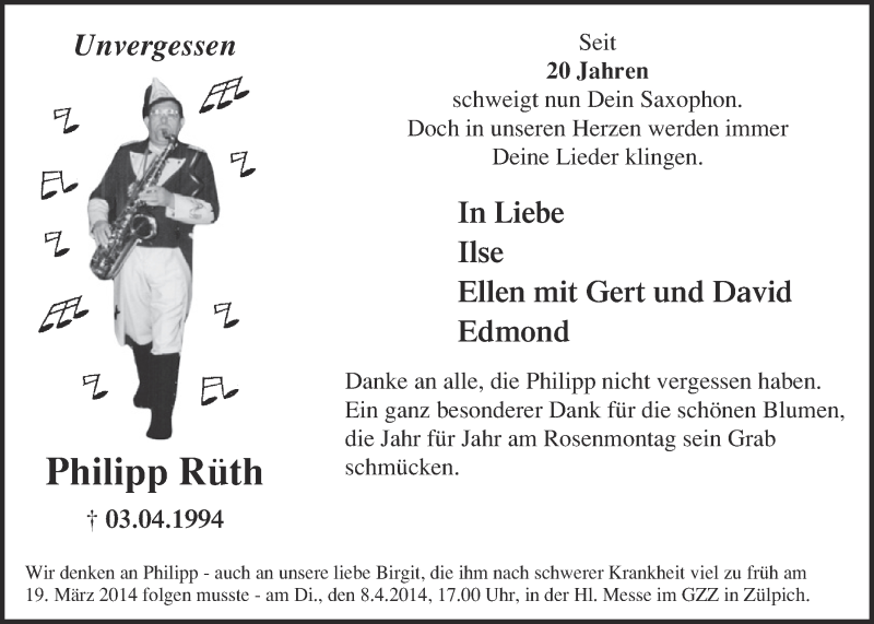  Traueranzeige für Philipp Rüth vom 30.03.2014 aus  Blickpunkt Euskirchen 