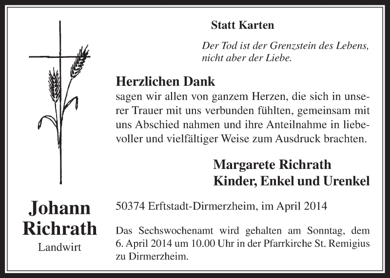  Traueranzeige für Johann Richrath vom 02.04.2014 aus  Werbepost 