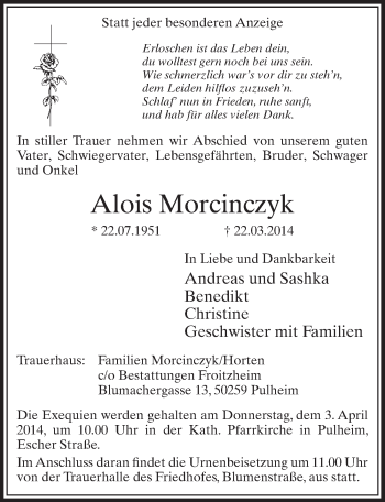 Anzeige von Alois Morcinczyk von  Sonntags-Post 