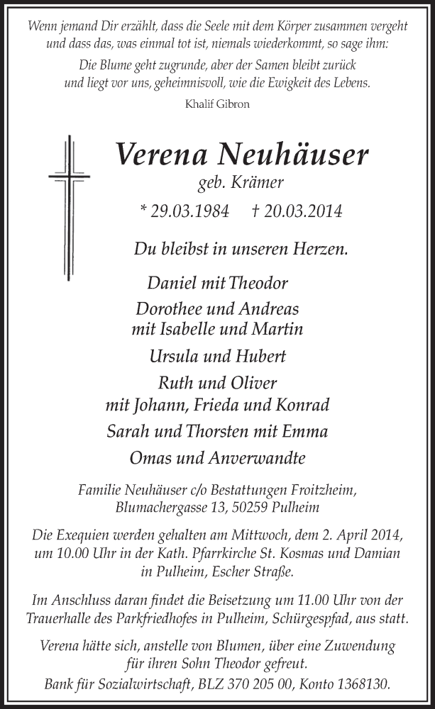  Traueranzeige für Verena Neuhäuser vom 29.03.2014 aus  Sonntags-Post 