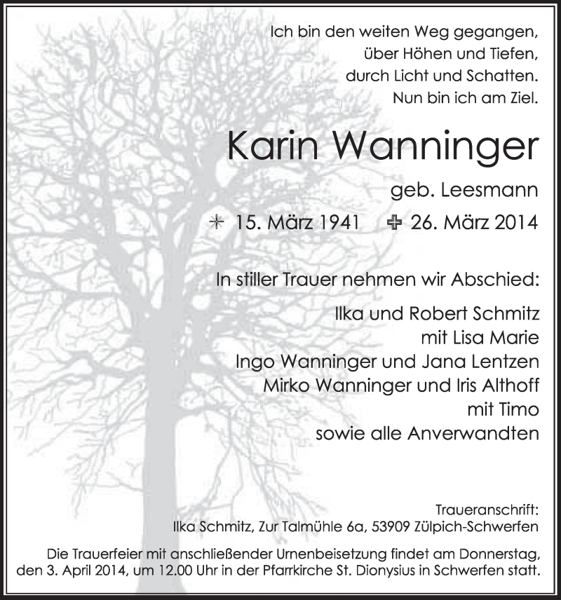  Traueranzeige für Karin Wanninger vom 29.03.2014 aus  Sonntags-Post 