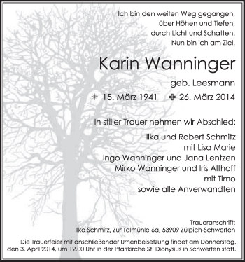 Anzeige von Karin Wanninger von  Sonntags-Post 