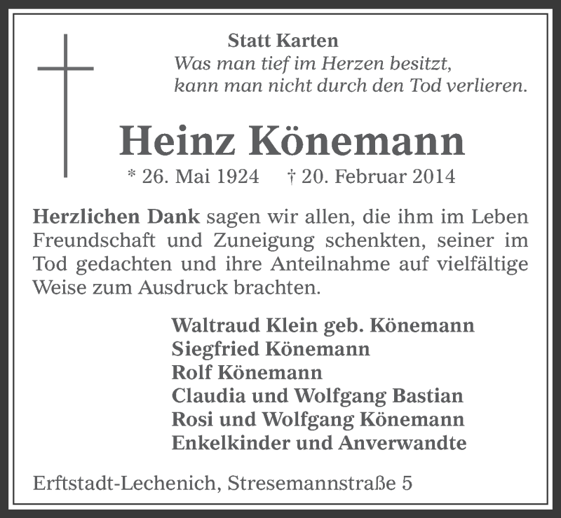  Traueranzeige für Heinz Könemann vom 02.04.2014 aus  Werbepost 