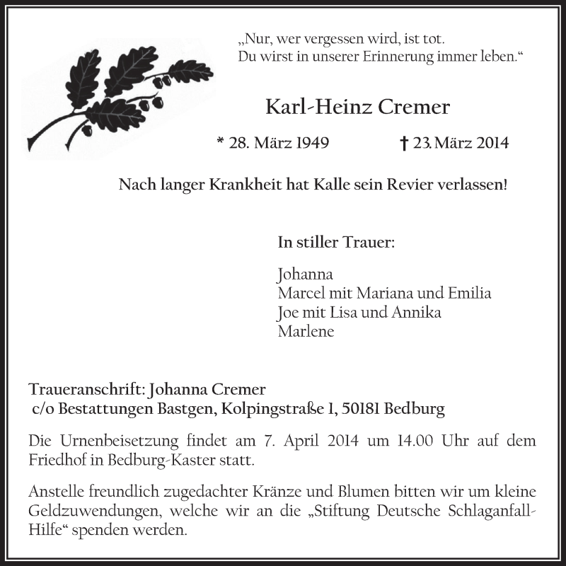  Traueranzeige für Karl-Heinz Cremer vom 02.04.2014 aus  Werbepost 